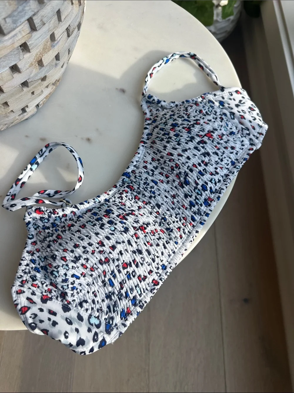 Xhilaration Juniors White Smocked Swim Top with Navy and Red Speckle Print